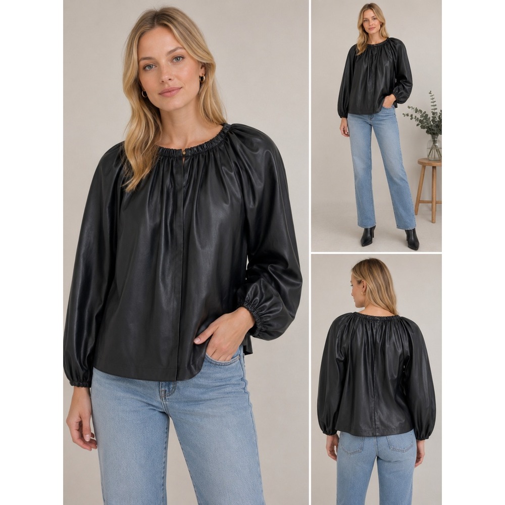 Who What Wear Faux Leather Black Balloon Sleeve Top XS Grunge Career Office